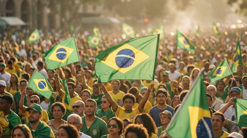Multidão com bandeiras do Brasil